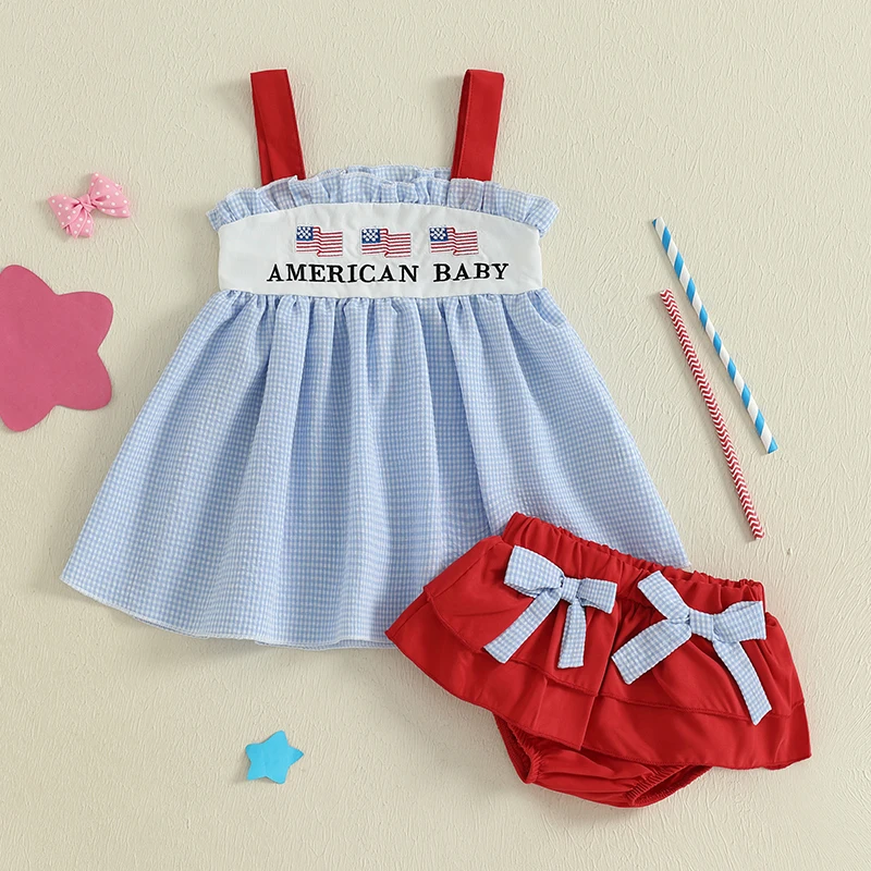 

4th of July Baby Girl Outfits Flag Letter Embroidered Plaid Sleeveless Tank Tops Elastic Waist Shorts 2Pcs Clothes Set