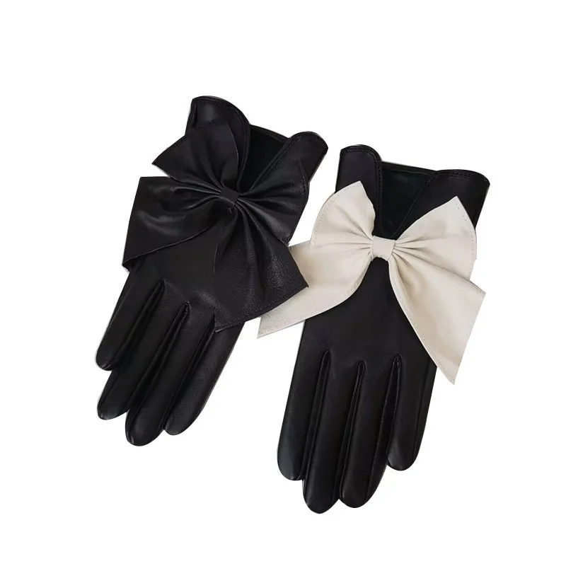 Guantes de piel de oveja auténtica para mujer, decoración de lazo, estilo fino, negro y marrón, invierno, nueva moda