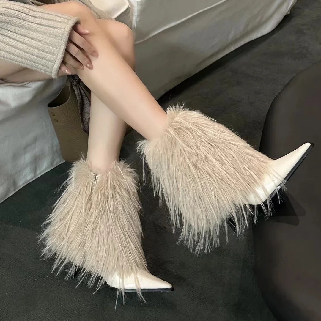 

European And American Fur And Fur Boots, Warm Fashion High Heels Women's Winter New Pointed High Tube Women's Boots Snow Covered