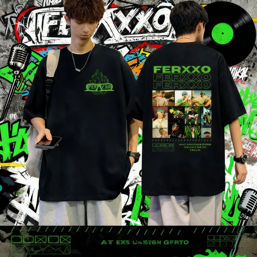

2025 Summer Rapper Feid Ferxxo Graphic T-shirt Men's Fashion Hip-hop Retro Cotton Short-sleeved Loose Casual Shirt