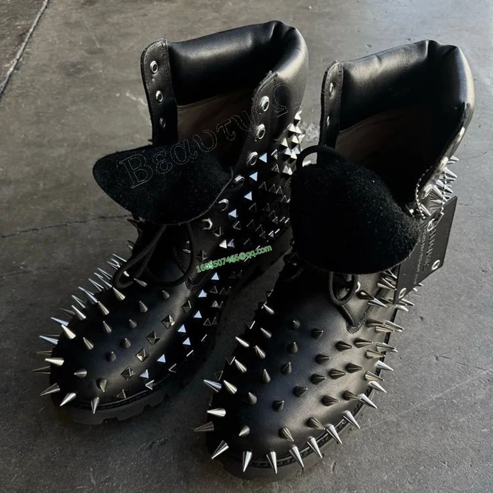 

Black Rivet Studded Knight's Boots Punk Men's Shoes Matte Leather Round Toe Knee High Shoes for Men 2024Zapatos Para Hombres