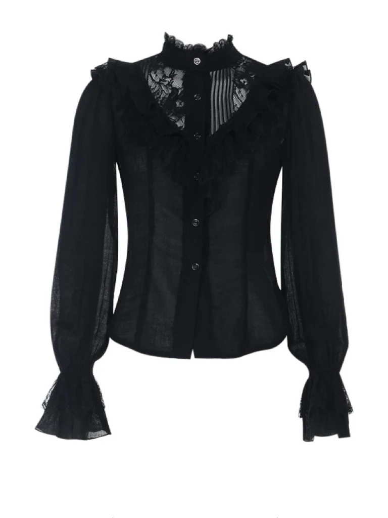 

Gothic Lolita Style Women's Shirt Lace Splicing Bell Sleeve Waist Cinched Stand Collar Long Sleeve Breathable Pure Color Shirt