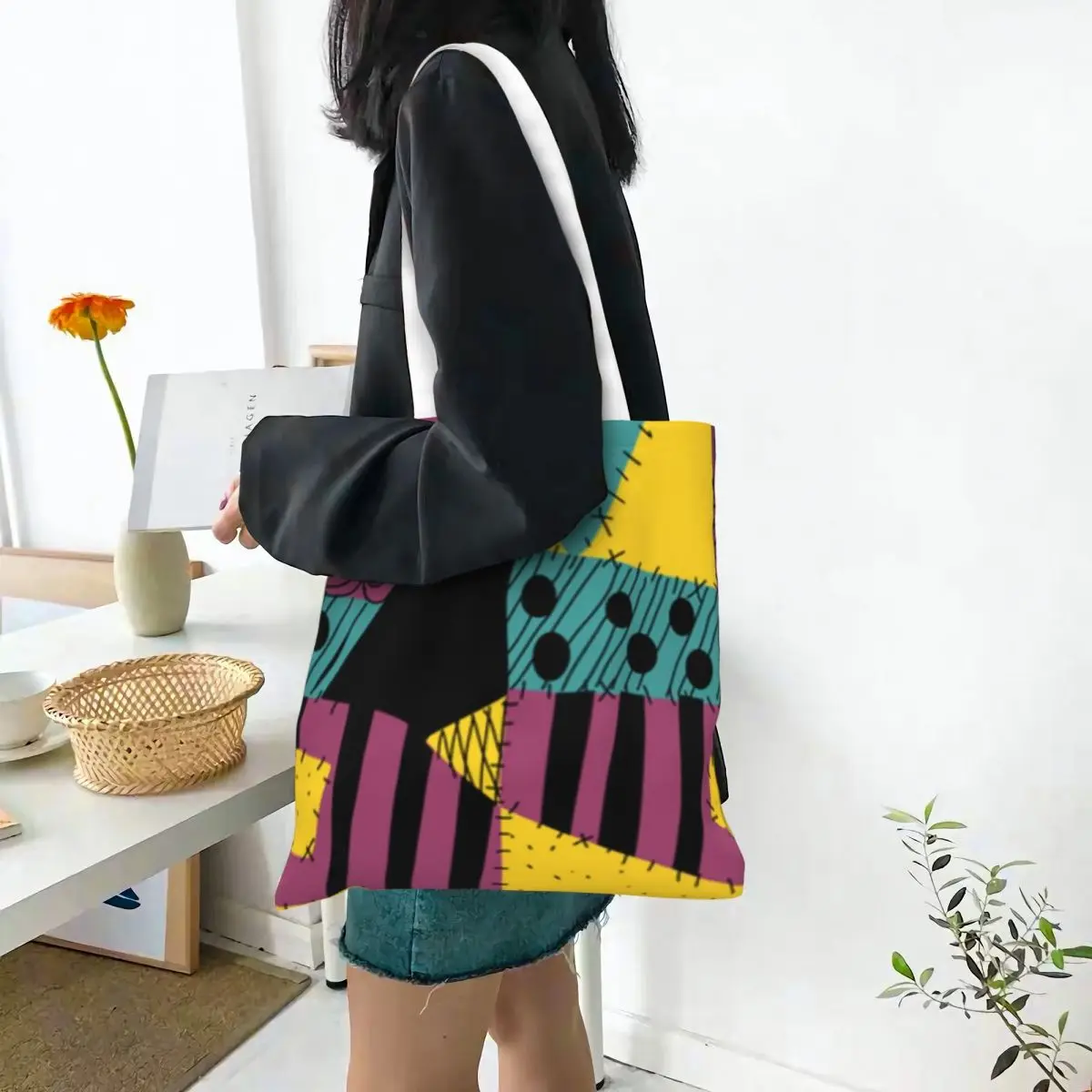 Custom Sally Patchwork Dress Shopping Canvas Bag Women Portable Groceries Tim Burton Halloween Skull Shopper Tote Bags