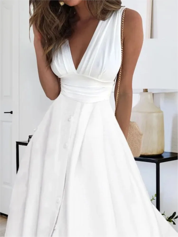 Spring Summer Elegant Party Long Dress For Women Sexy Deep V Neck Sleeveless Slim White Casual Boho Maxi Dresses 2024 Robe Femme