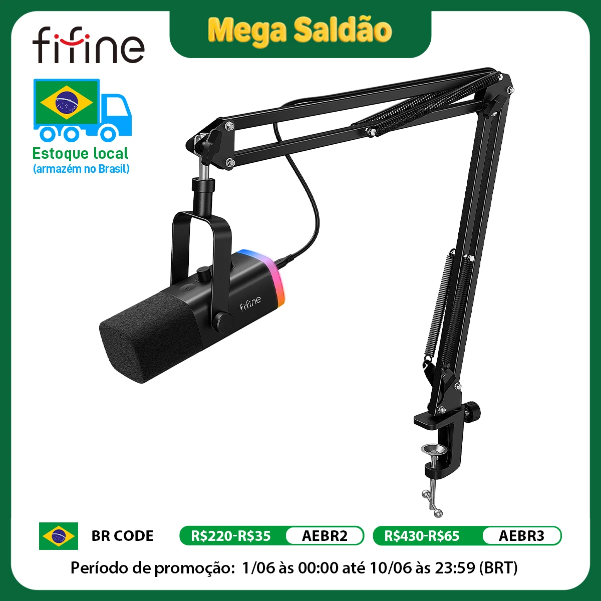ערכת מיקרופון דינמי XLR FIFINE עם זרוע בום למיקסר, סט מיקרופון USB לגיימינג עם RGB, בקרת עוצמת הקול למחשב PS5/4 AmpliGame AM8T