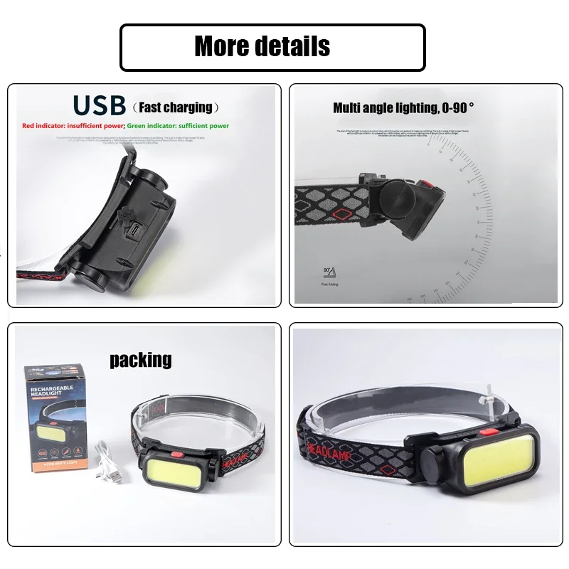 Powerful COB LED Headlamp USB Rechargeable 4 Modes Lighting Head Flashlight With 18650 Built in Battery Camping Fishing Lantern