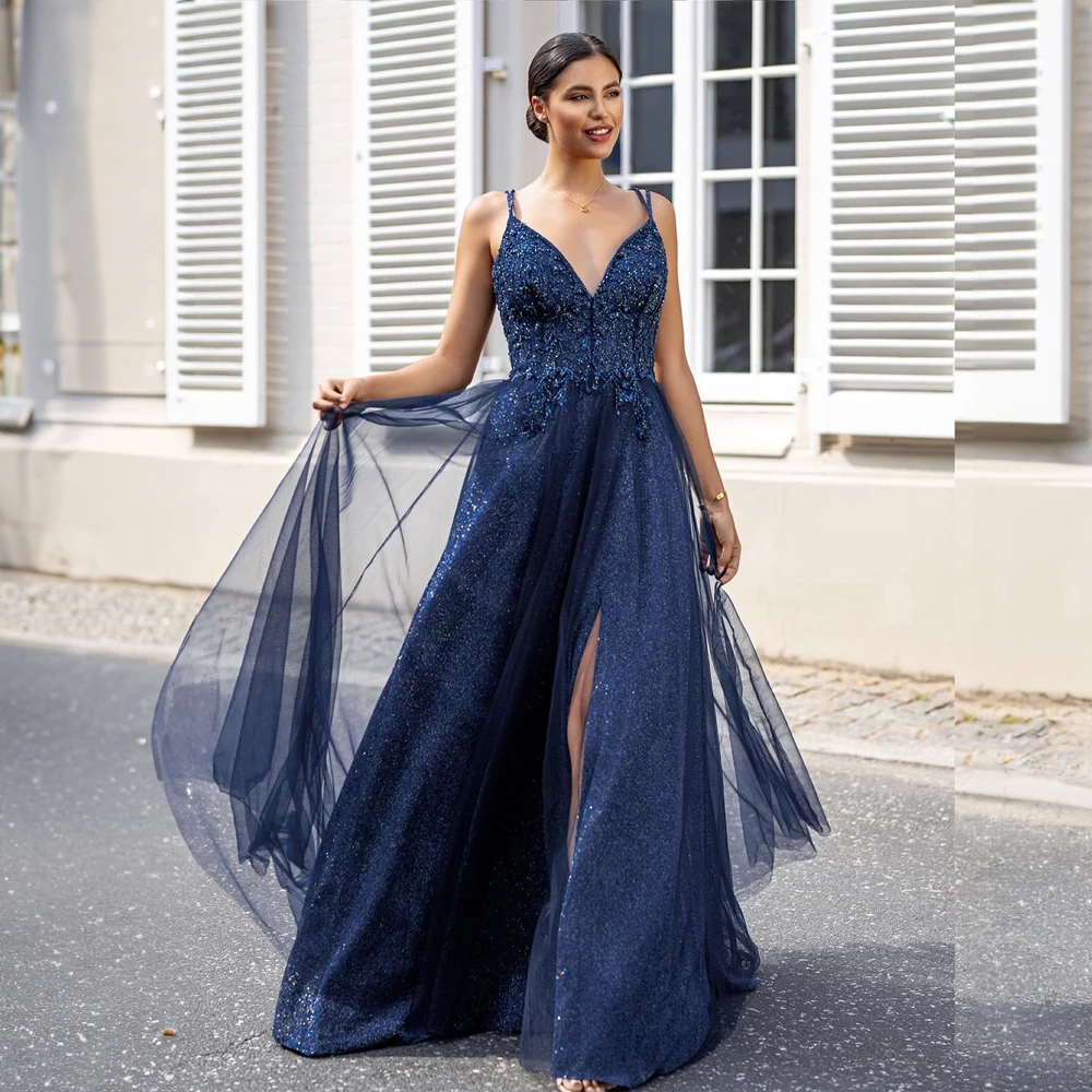

Strapless V-neck Tulle Appliques Side Slit A-line Formal Prom Dress for Women Backless Long Prom Party Gown robe de mariée