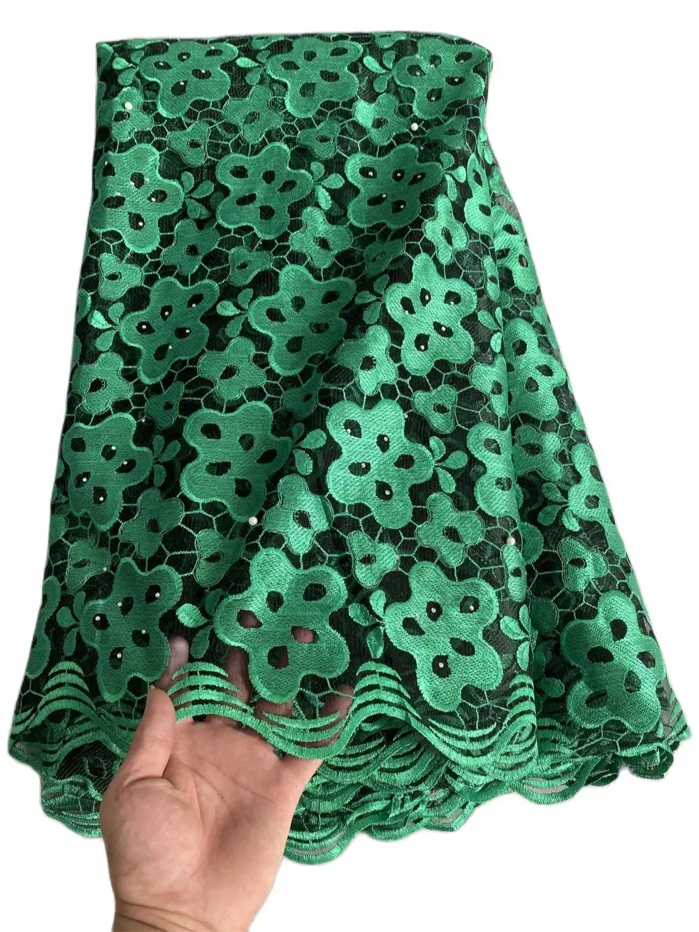 

African Lace Fabric with Stones, French Tulle, Green, High Quality, 5 Yards, Best Price