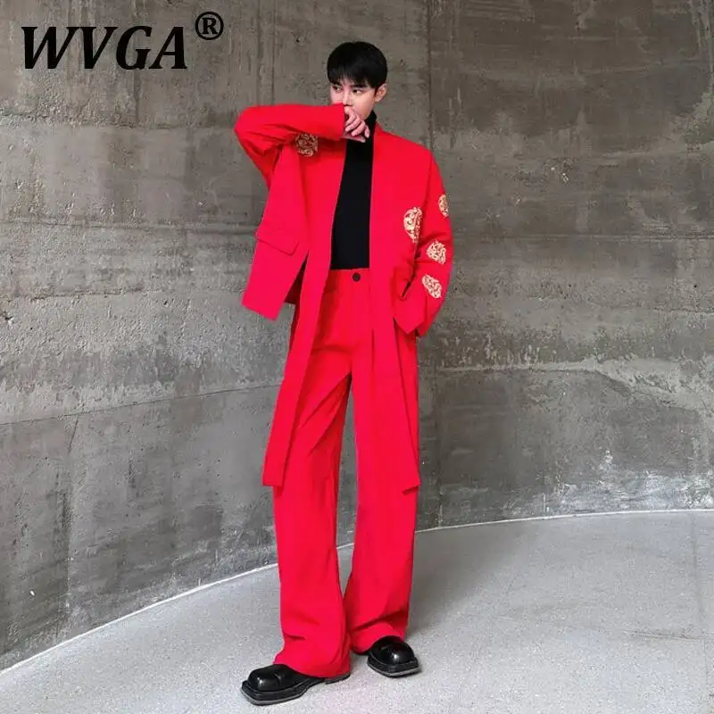 

WVGA Spring Autumn New Men Tide Long Sleeves Blazer Embroidery Design Niche Chic Casual Straight Suit Pants Two Pieces Set W7267