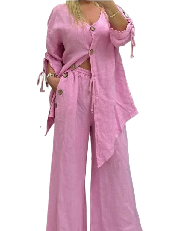 

Casual Cotton Linen Two Piece Set Loose V-neck Single Breasted Long Sleeved Lace Up Shirt High Waist Wide Leg Pants Set Women