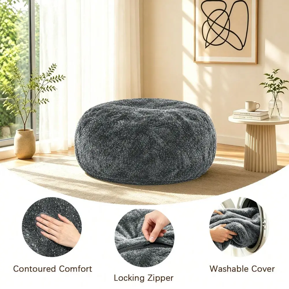 Oversized Shimmer Faux Fur Bean Bag Chair, Removable Washable Lock Zipper Cover, HighDensity Rebound Foam Filling, AntiSlip Dot view 6