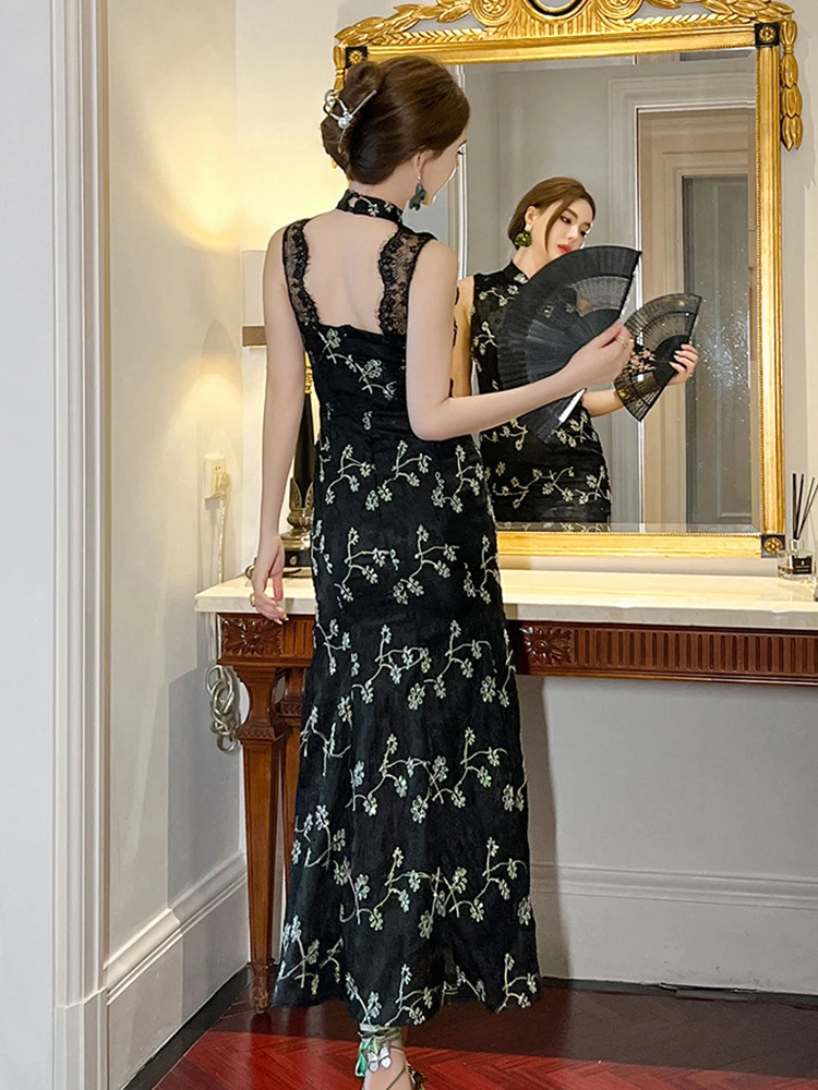 Elegant Vintage Qipao Dress Women Clothes Celebrity Embroidered Sequin Backless Long Fishtail Robe Party Vestidos Cheongsam Lady