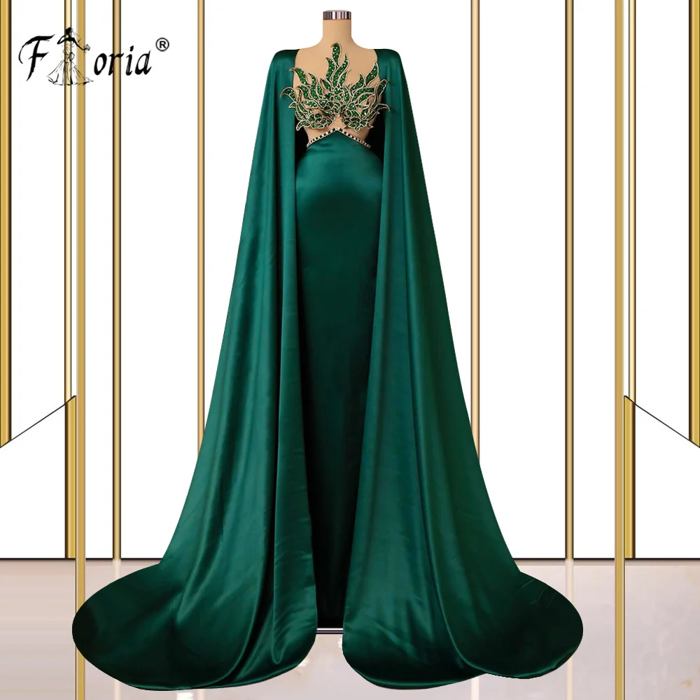 Robe de Soirée de Forme Sirène en Satin Vert Foncé, Longue Cape, Perles de Clip, Style Vintage Transparent, Tenue de ixde Mariage