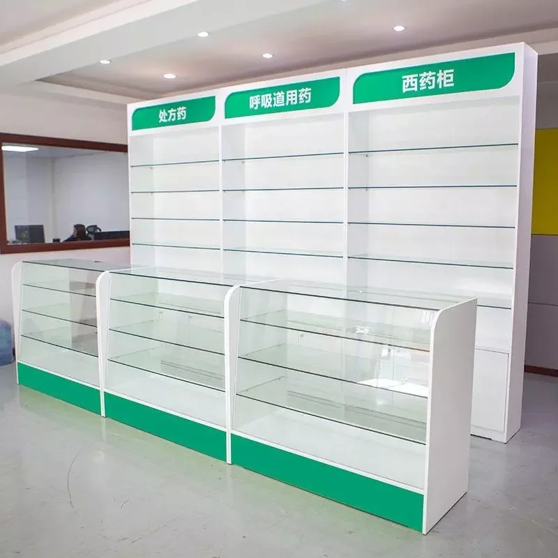 

custom，Pharmacy Shop Cash Counter Design Display Showcase Furniture Glass shelf Wall Cabinet for Retail Medical Store Fixture