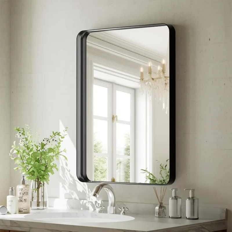 Bathroom Mirror 20x30 inch, Black Gorgeous Deep Frame Wall Mirror, Modern Round Corner Bathroom Vanity Mirror for Bedroom