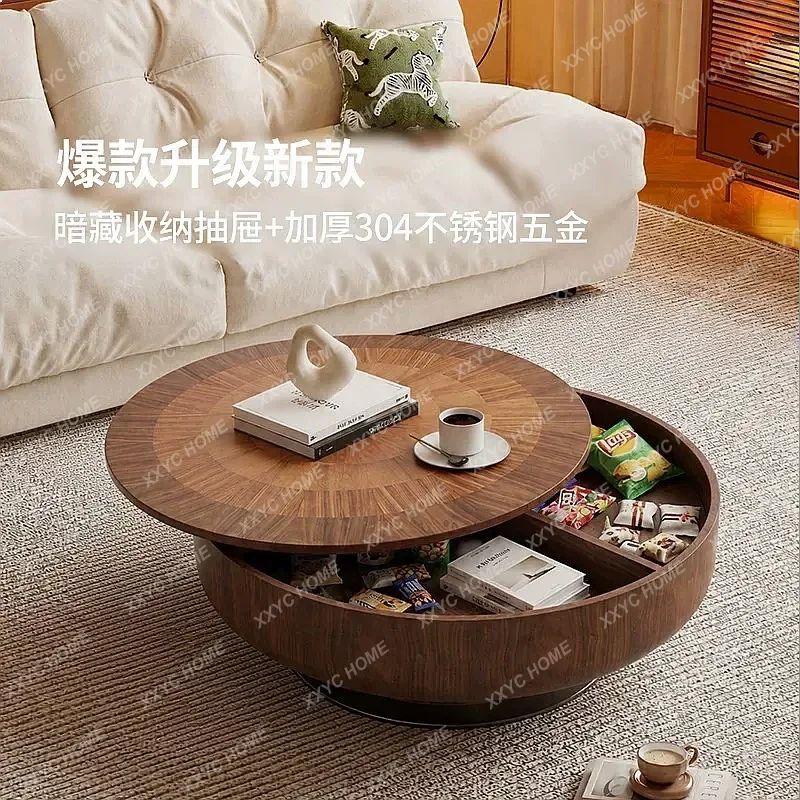 XX Mid-Century Round Solid Wood Coffee Table Stainless Steel Shelf  Tea Table Small Living Room