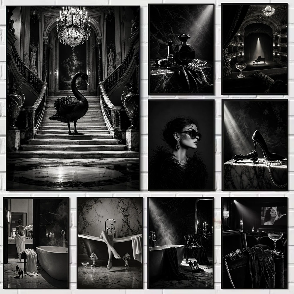 Black Swan and Grand Staircase Poster – Luxury Canvas Art for Sophisticated Women – Home Decor for Living Rooms