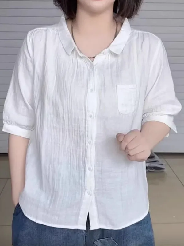 

plus Size Women's Fashionable Short Sleeve Shirt Loose Fit Summer 2026 Slimming Top Korean Style Commute Wind Pure Color