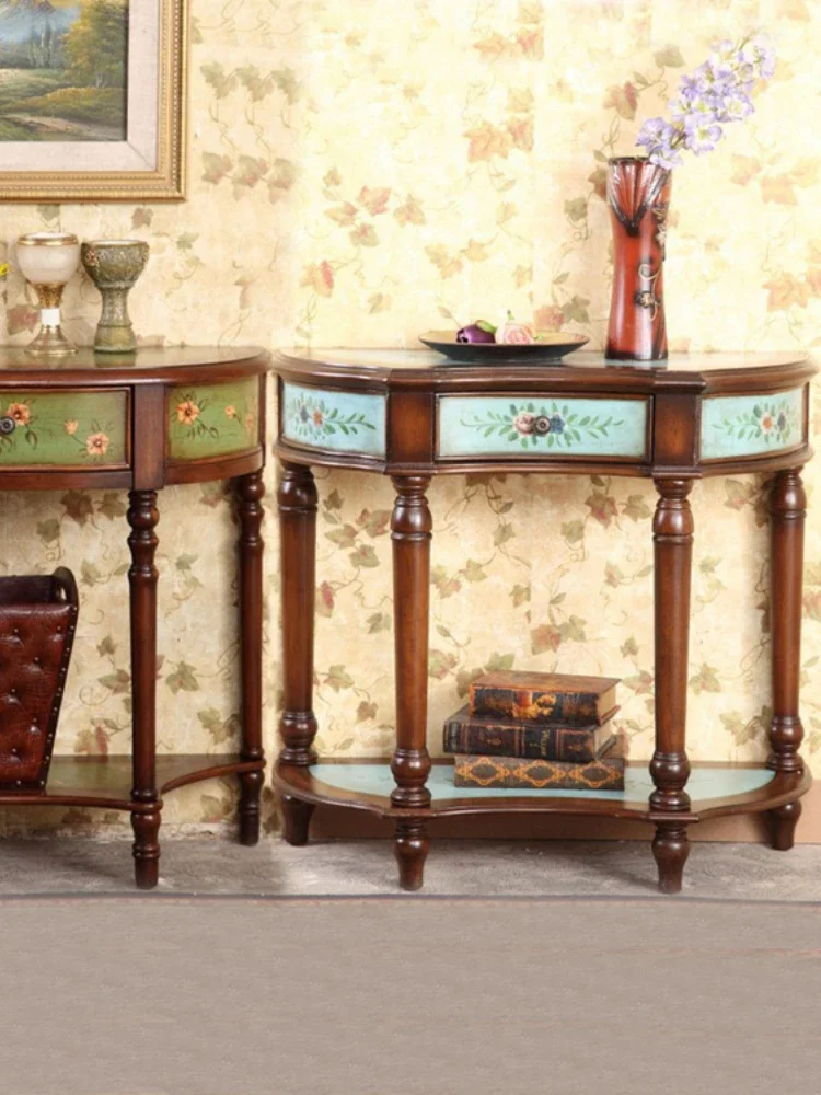 American Console Corridor Side Desk Table Dressing Table Side View Table Hand Painting Half round Table 0.86 M Solid Wood