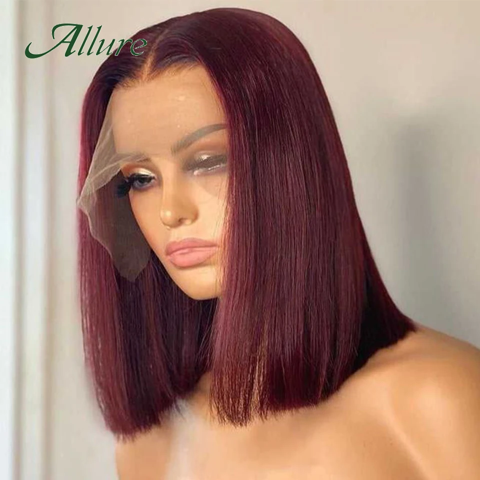 99J Short Burgundy Bob Human Hair Wigs Colored Straight Bob Lace Front Wig For Women Dark Red Glueless T Part Lace Wigs Allure