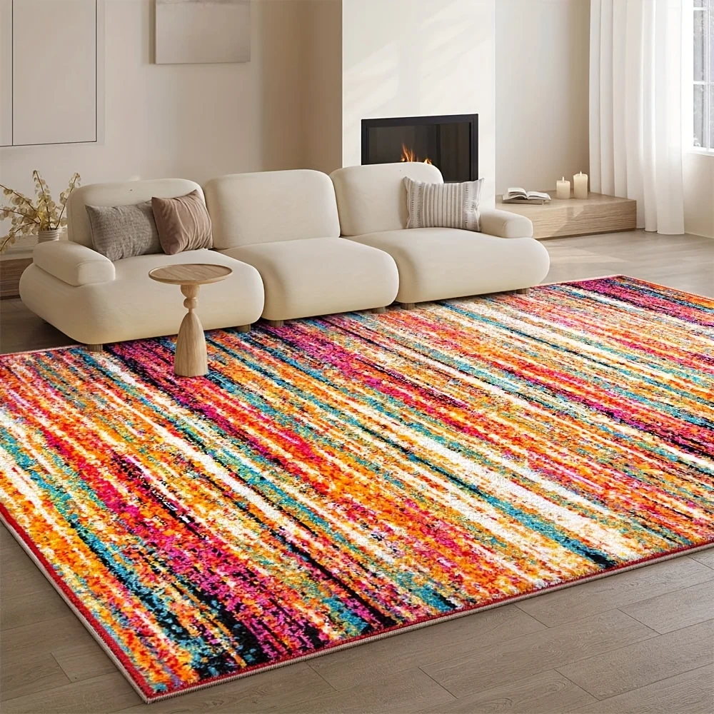 VIKAMA Shaggy Colorful Stripe Area Rug Vibrant Rainbow Gradient Line Design Non‑slip Soft Washable Living Room Home Carpet
