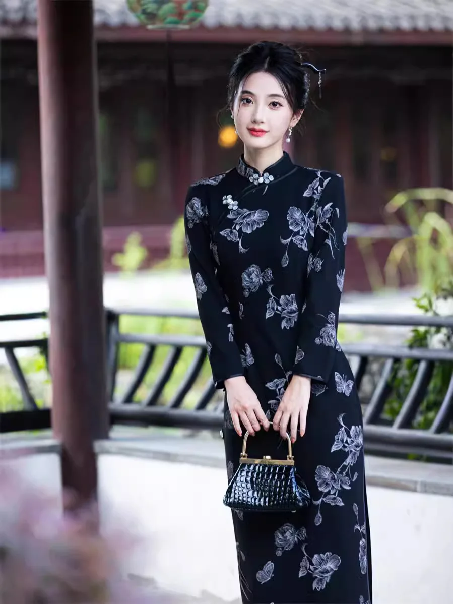 2024 New Printed Long Cheongsam Retro Seven Sleeve Cheongsam High End Temperament Show Thin Cheongsam Qipao Dress