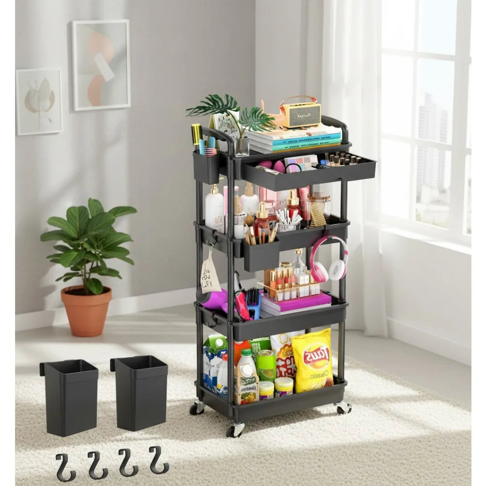 4-Tier Rolling Utility Cart with Removable Drawer, Lockable Wheels for Kitchen Bathroom Storage Organizer