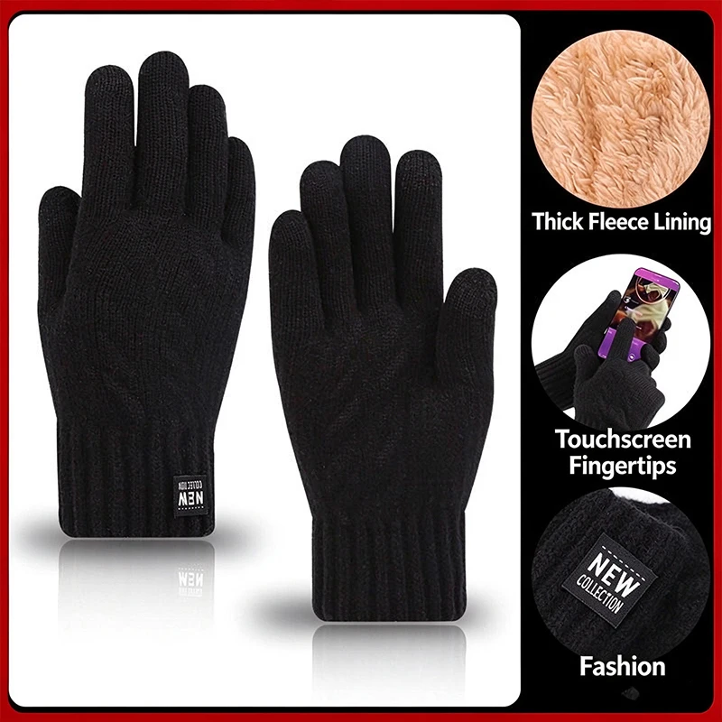 New Men's Warm Full Finger Gloves Winter Touchscreen Plus Fleece Gloves Woman Thickening Wool Knitted Cycling Driving Gloves