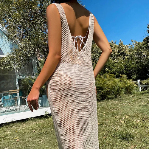 Imagen 2 del producto Vestido Sexy de Color sólido con espalda descubierta para mujer, traje de baño transparente para vacaciones, vestido de playa con abertura larga tejido