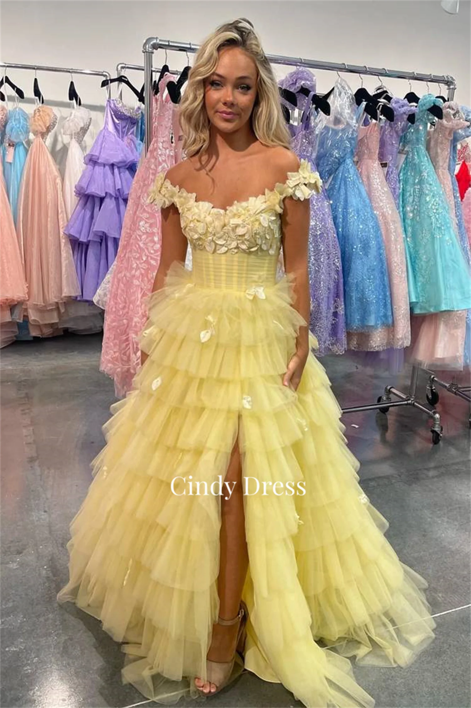 Cindy 3D Leaf Lace Multi-layer Princess Yellow Dresses Gala Elegant Long Dress Es Ball Gowns Official Store Evening