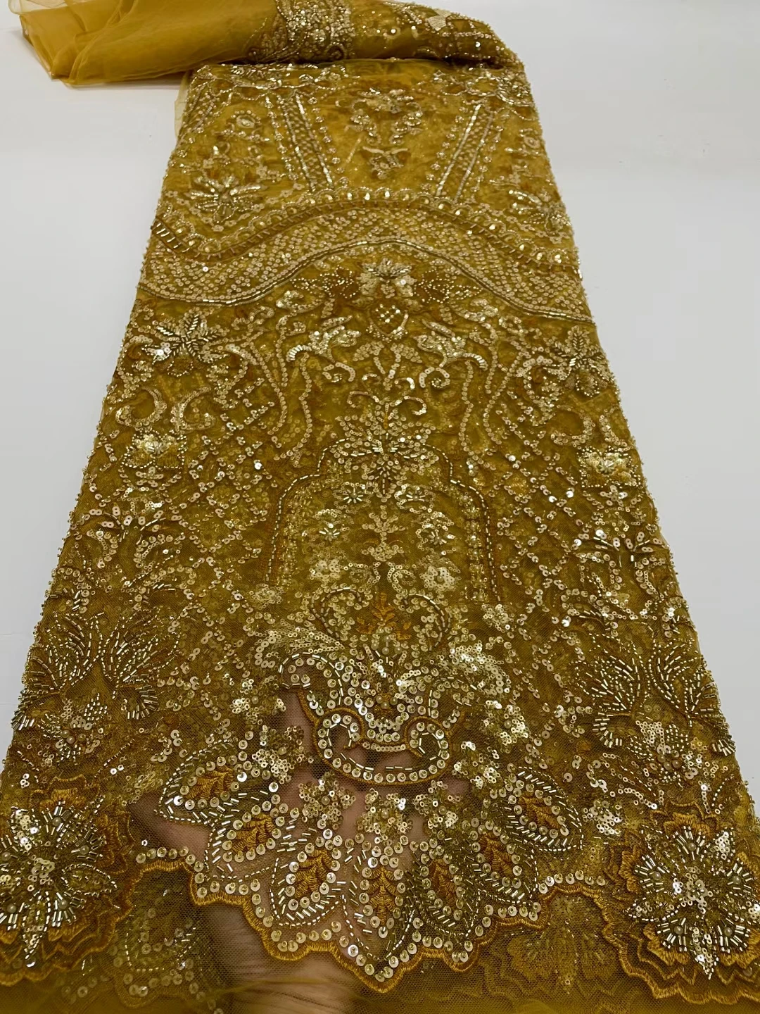 Top Quality 2023 French Luxury Gold Beads Long Beads 3D Embroidered Net Lace With Sequins Wedding Dress Lace Cloth Fabic 5 yard