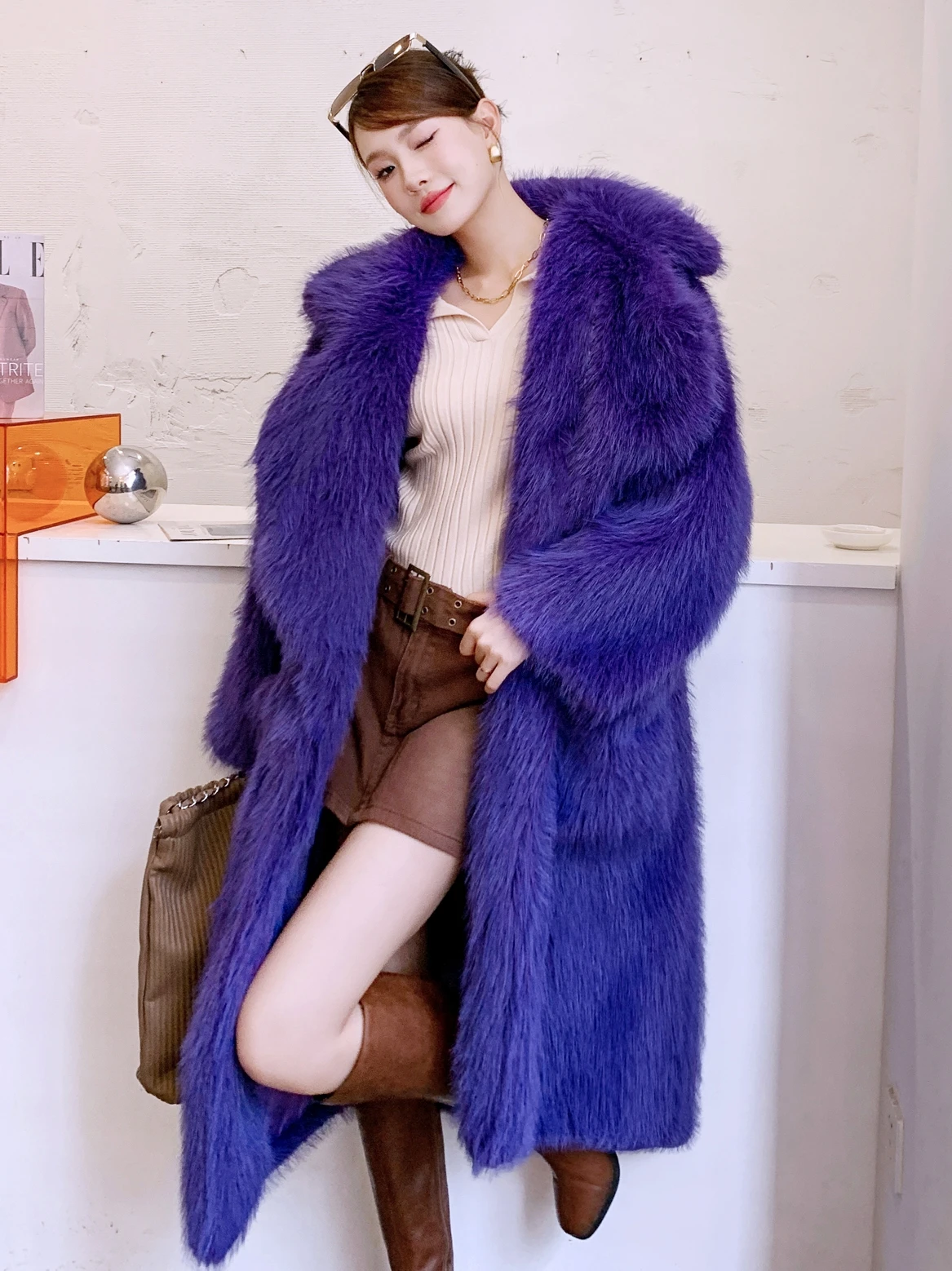 Winter New Fashion Deep Purple Faux Fur Coat Eco-friendly Lapel Long Jacket Women\'s Clothing Promotion