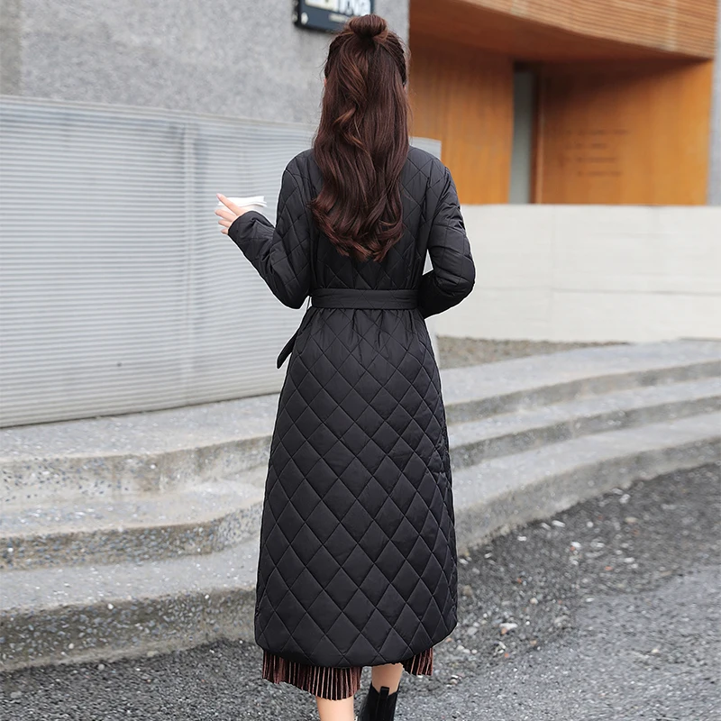 2022Winter Quilted Coats Women Long Parkas Vintage Plaid Loose Belt Jacket Overcoat Female Mid-Length  Outwear пальто женское