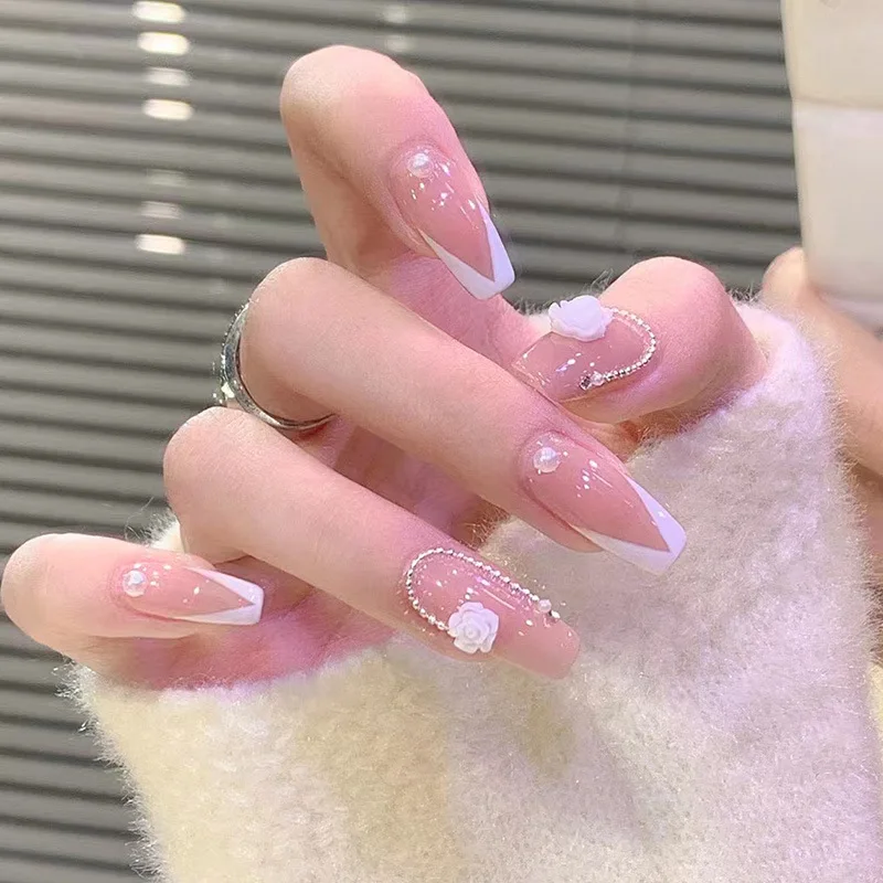 24 pièces paillettes strass perle presse sur ongles doux papillon nœud papillon faux ongles blanc français Nail Art cercueil Ballet faux ongles