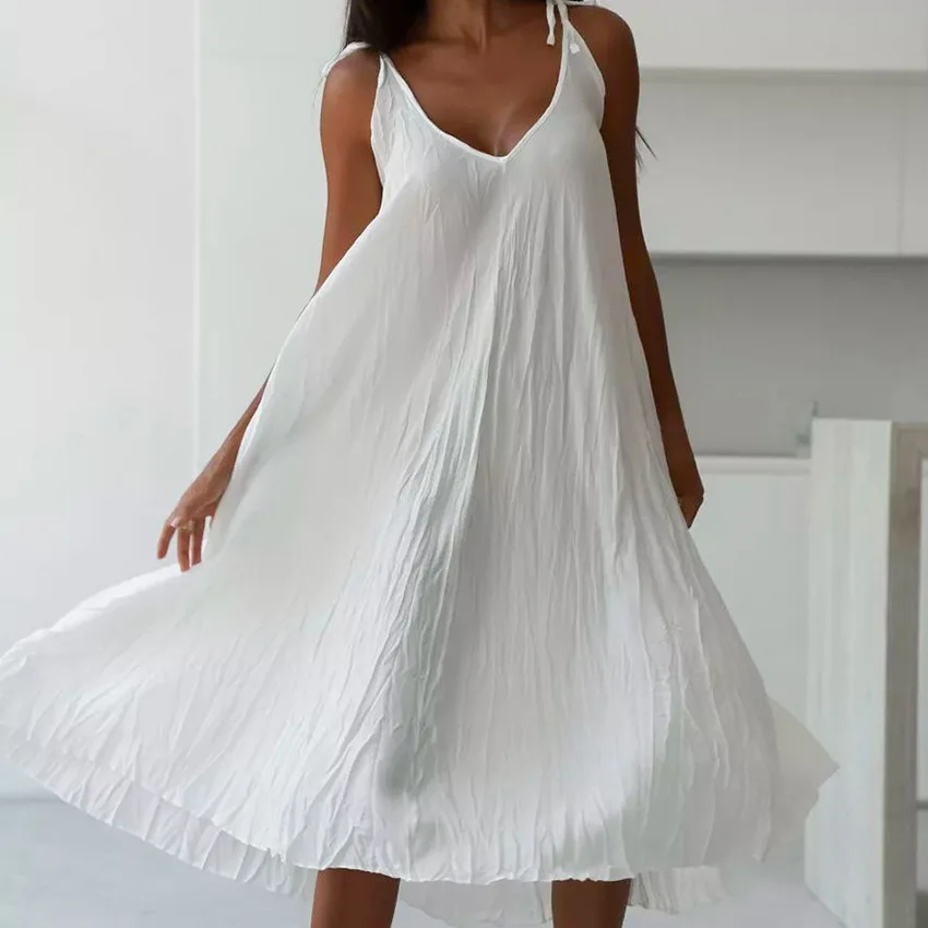 Fashion White Loose Lace-Up Dress Woman Pleated Sleeveless V-Neck Nightgowns Spaghetti Strap Mid-Calf Elegant Sleepdress