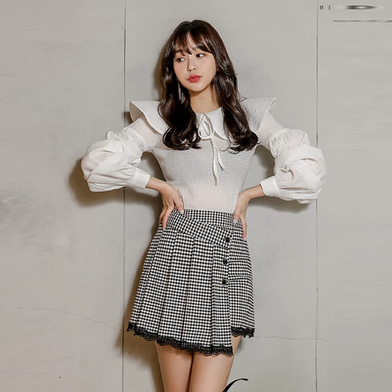 

Korean Style Goddess Plaid Shirt with Fly Sleeve And Halter Neck Skirt Set Women's Business Casual Fashion Spring Autumn