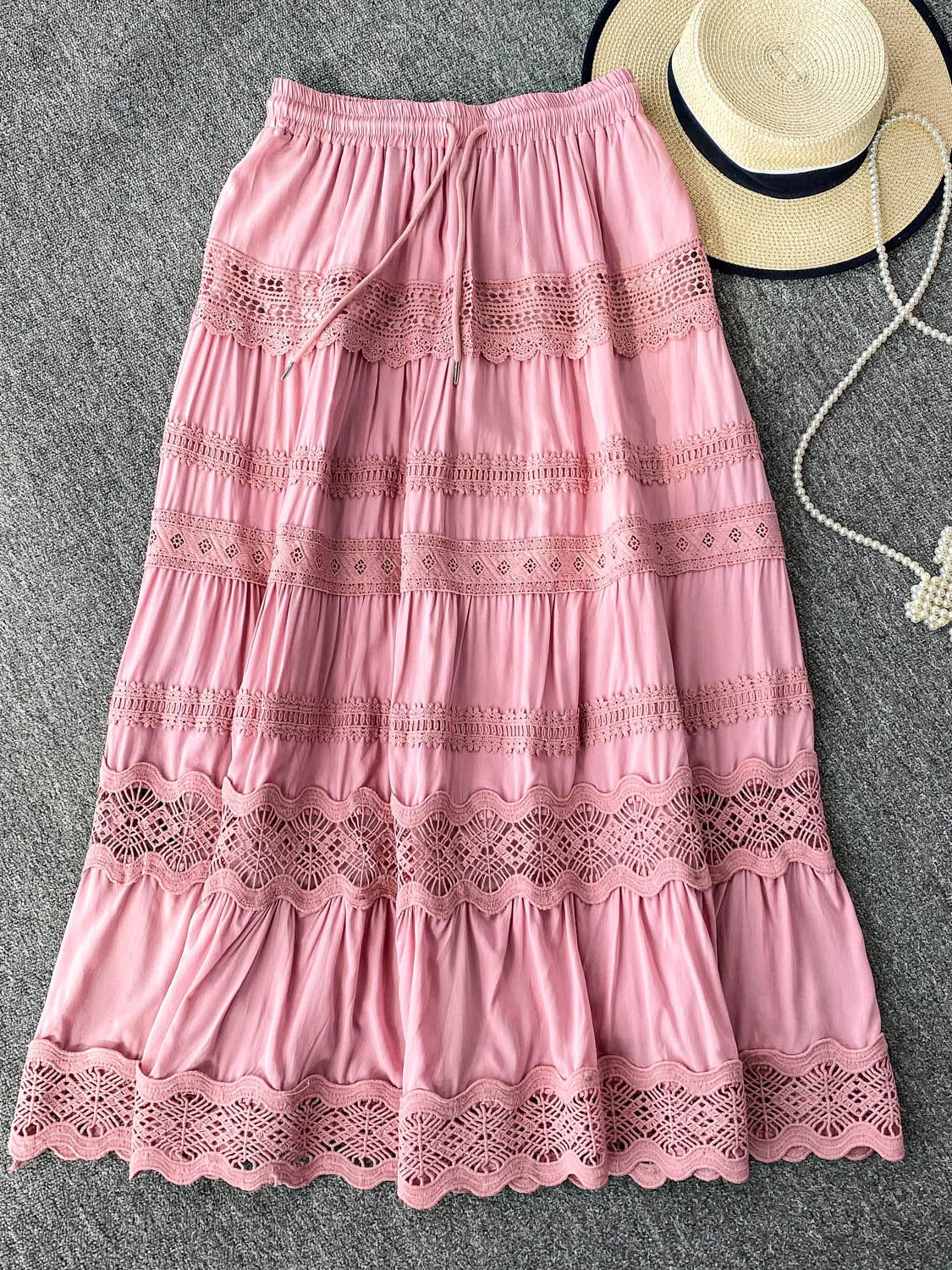 تنورة كعكة من الدانتيل الحلو للسيدات بخصر عالٍ للتخسيس ميدي f تنورة وردية لطيفة للرياح Sle للتنقل مضادة للتجاعيد كورية... #4