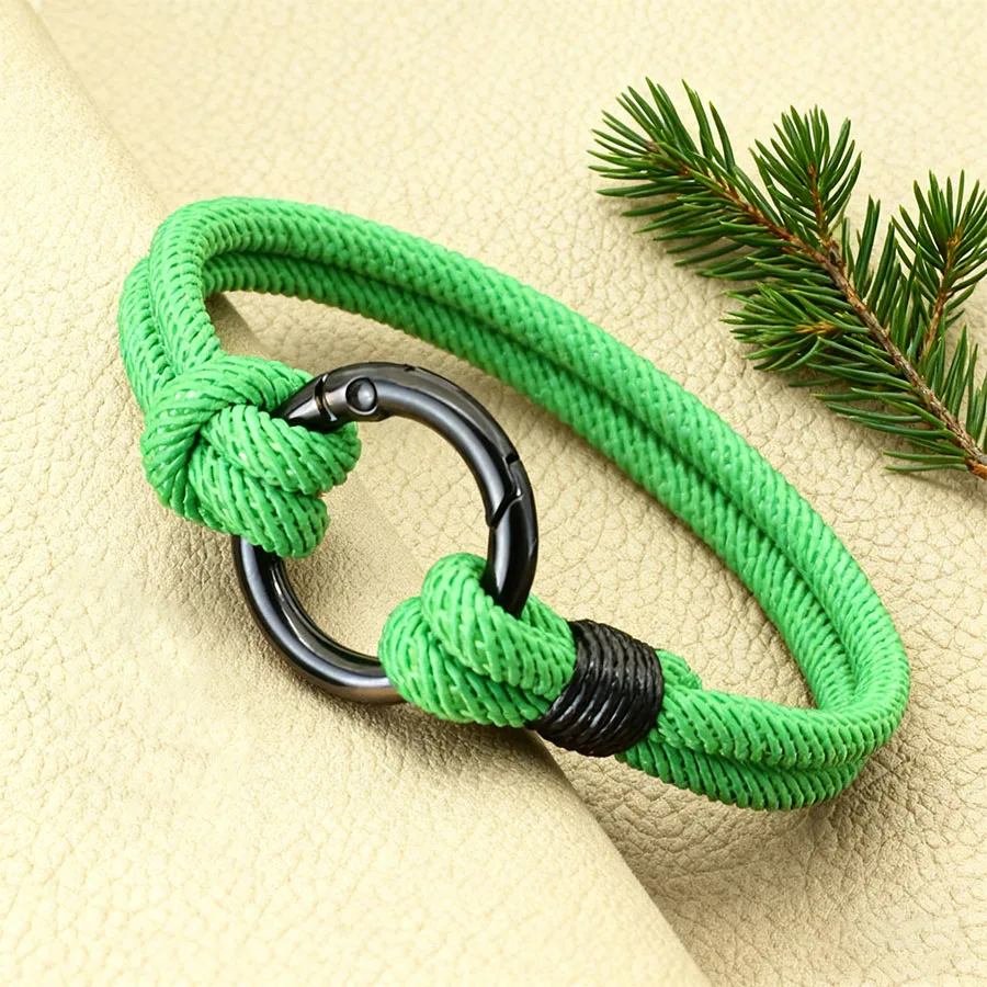 Men Rope Bracelet Round Ring Charm Black Alloy Circle Clasp Double Layer Threaded Nylon Cord Braclet Lucky Knot Jewelry