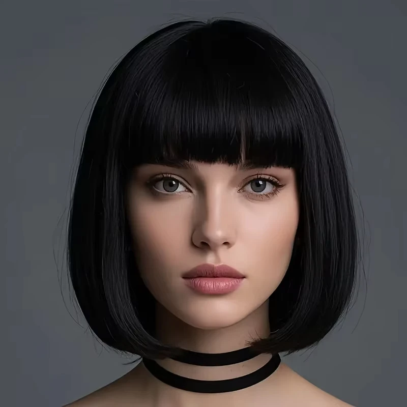 Short Bob Black Synthetic Wig Halloween Party Cosplay Wig Daily High-Temperature Silk Wig Set