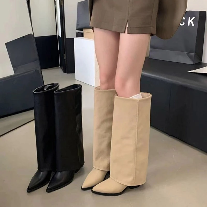 Chunk Leather High Boots Women Knee High Pointer Toe Heels Shoes Woman Trend Chelsea Boots New Pumps Mujer Snow Gladiator Botas