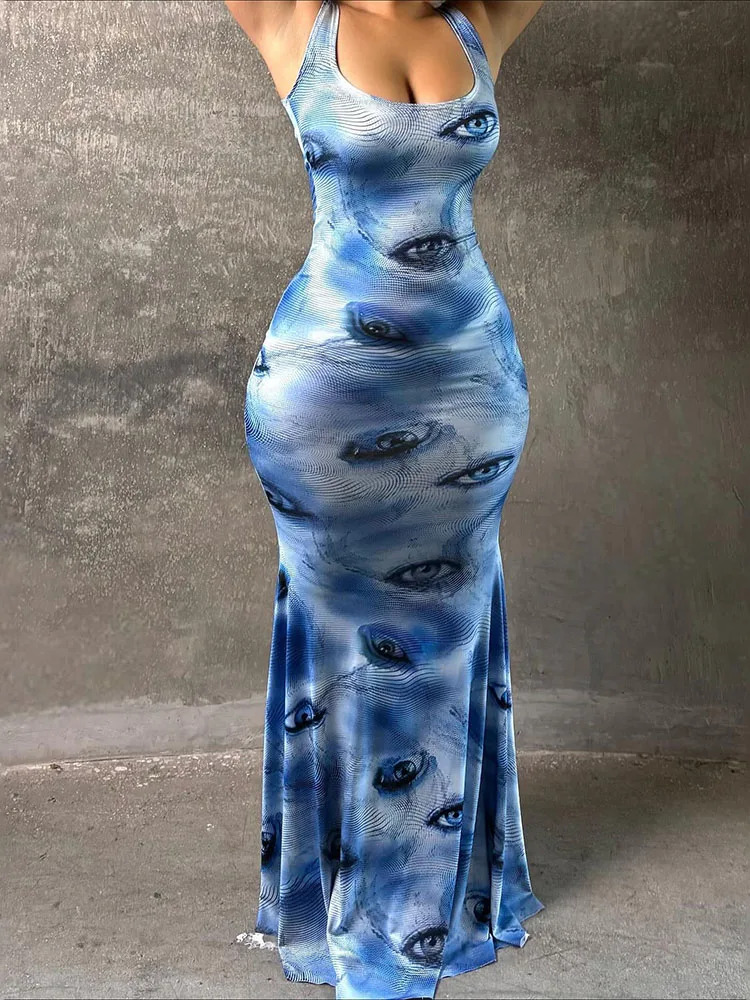 Nibber مثير ماكسي فساتين امرأة عيون طباعة مثير منخفضة الرقبة الانقسام أكمام نحيل عالية الخصر رداء الساخن الفتيات موضة Vestidos #6