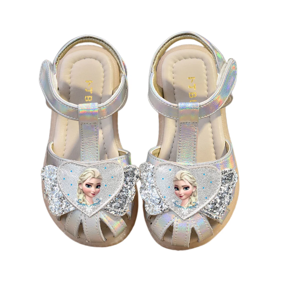 Disney Frozen Elsa Girls Sandals 2023 Summer New Genuine Leather Princess Shoes Fashion Casual Shoes Kids Beach Shoes Size 23-36