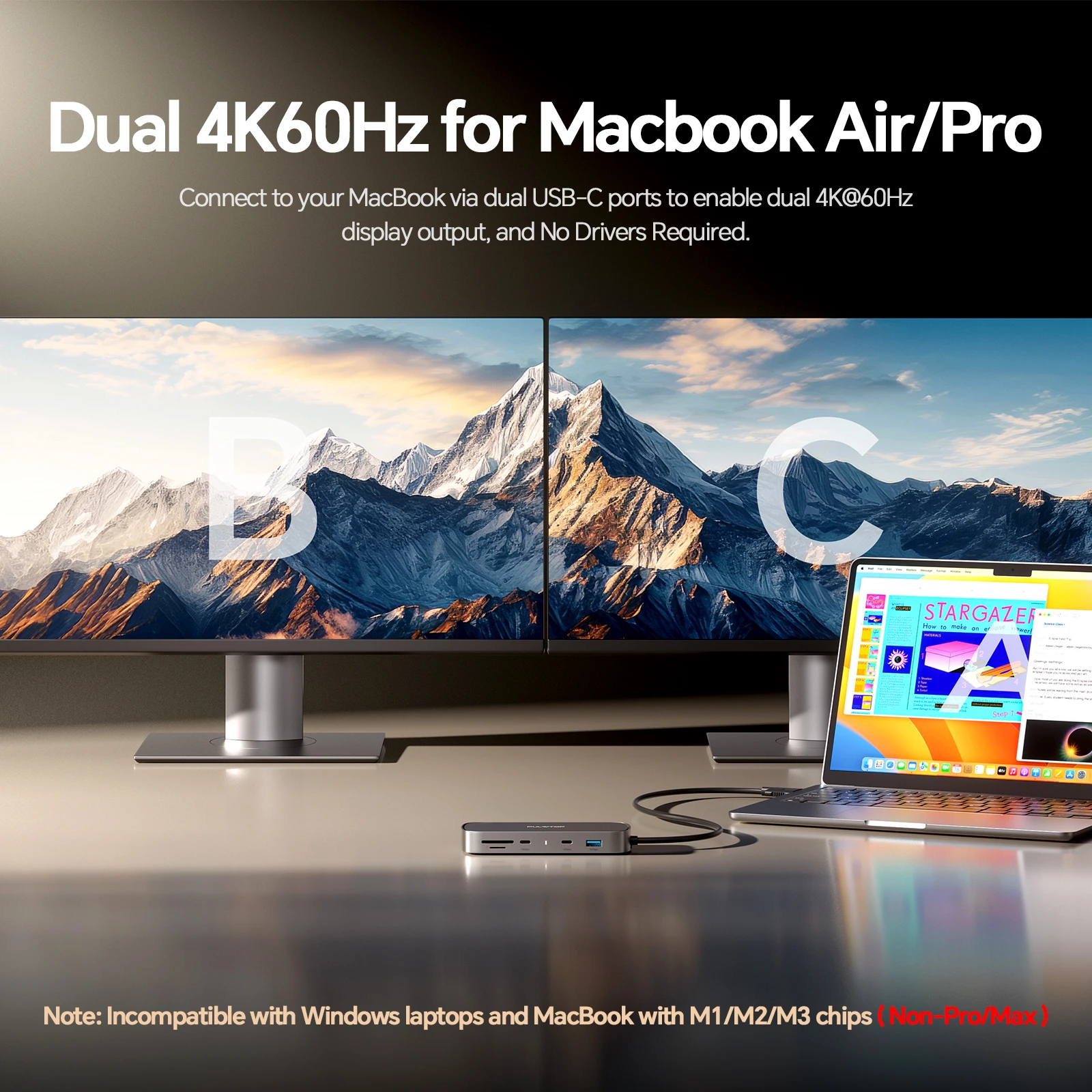 PULWTOP MacBook Pro Docking Station Dual Monitor, Macbook Dock with 2*HDMI 4K@60Hz,PD,Ethernet,USB A/C 10Gbps,SD/TF, USB 2.0