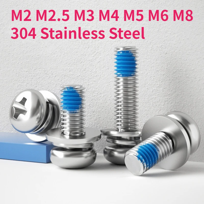 M2 - M8 A2 304 Stainless Steel Cross Phillips Round Pan Head Blue Glue Dispensing Screw Flat Washer Spring Gasket Assemble Bolt