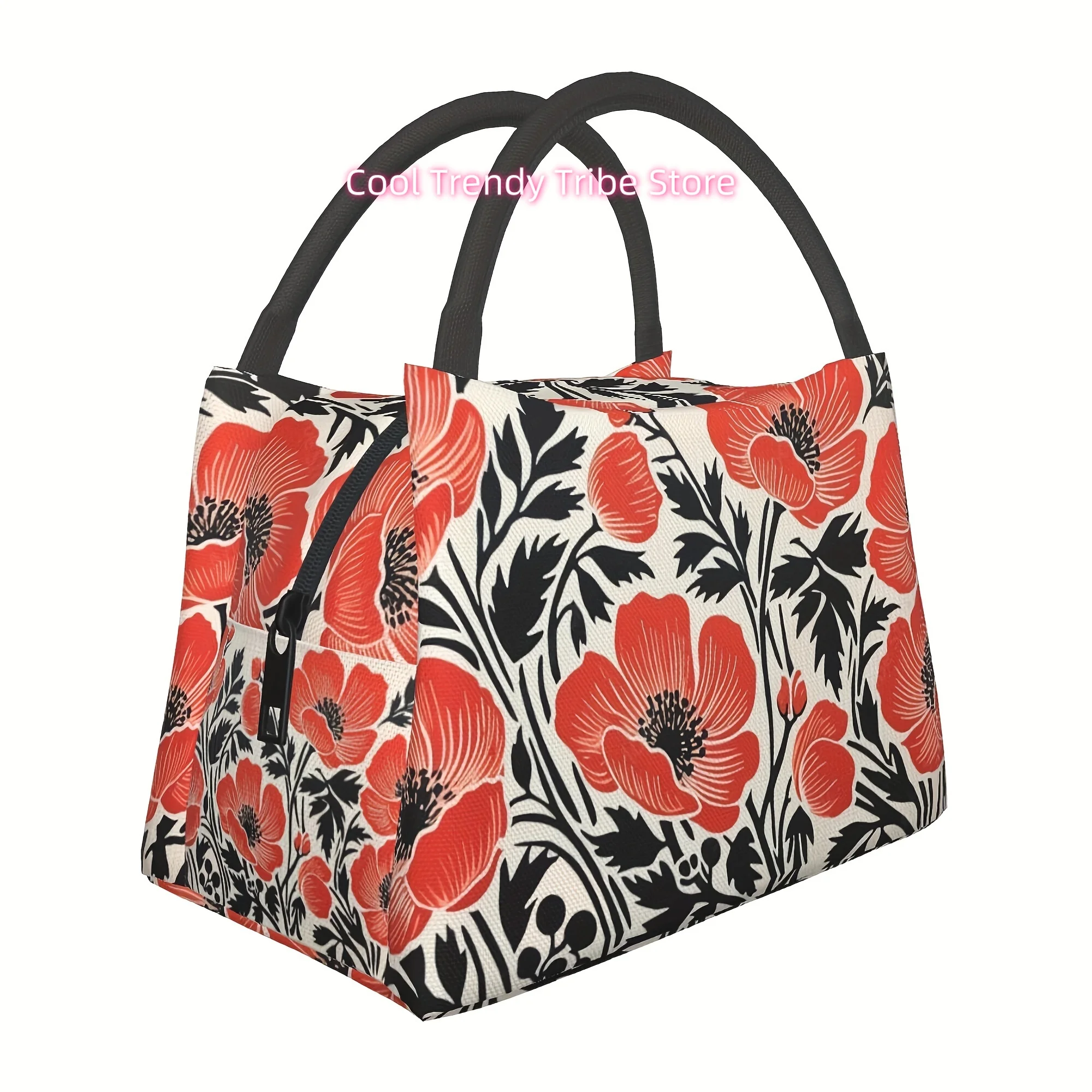 1pc Red Flower Cooler Bag/Portable Reusable Insulated Lunch Bag for Camping Picnic Beach/Home Restaurant Office Construction Sit