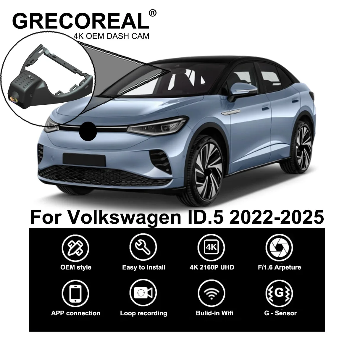 

GRECOREAL 4K Dash Cam Front and Rear 2160P WiFi Dual Dashcam APP Control Plug Play Compatible with Volkswagen ID.5 Vw ID 5 ID5