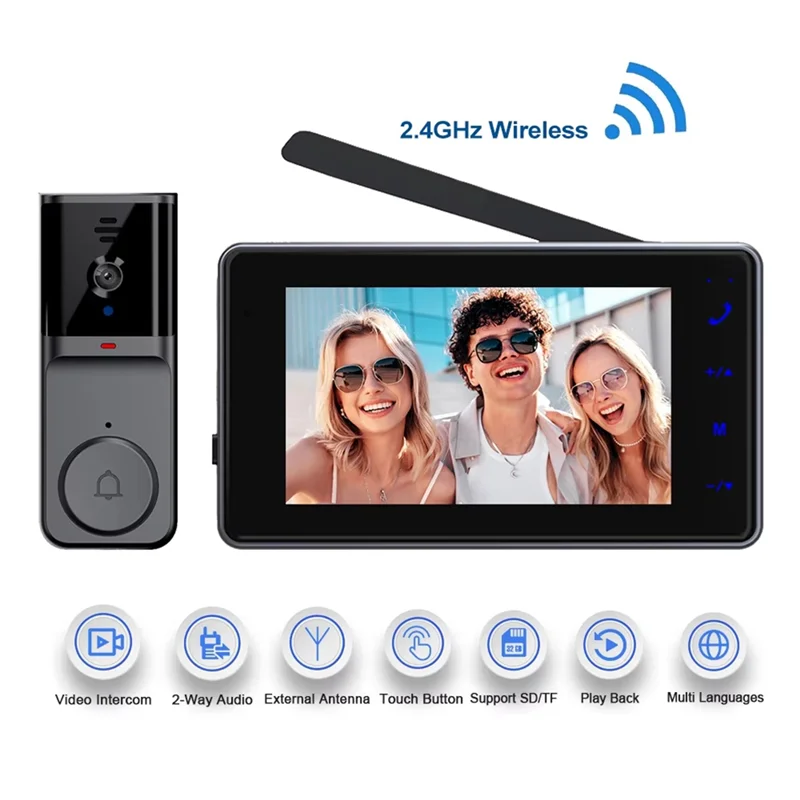 Video Doorbell With 4.3 Inch IPS Screen 2-Way Audio 2.4Ghz Visual Intercom Recording Doorbell Camera With Antenna