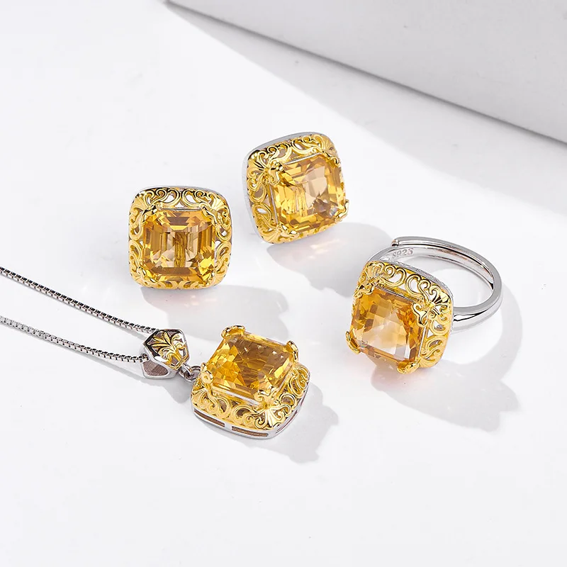 New S925 Silver Jewelry With Versatile Temperament Gold-plated Hollowed Out Yellow Crystal Pendant Set Women's Selected Gift