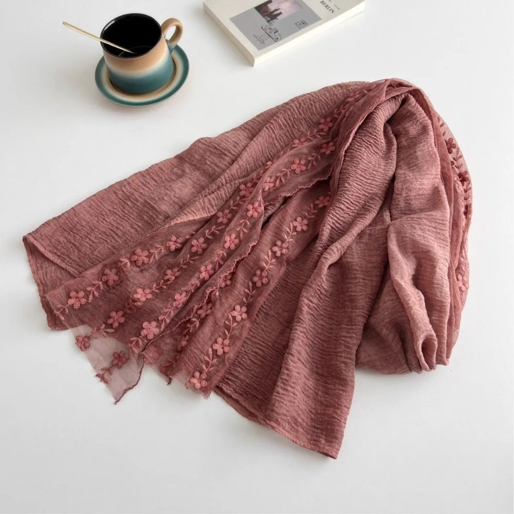 Fashion Cotton Linen Lace Patchwork Scarf Solid Color Long Thin Gauze Scarf Thin Breathable Shawl and Wrap for Women