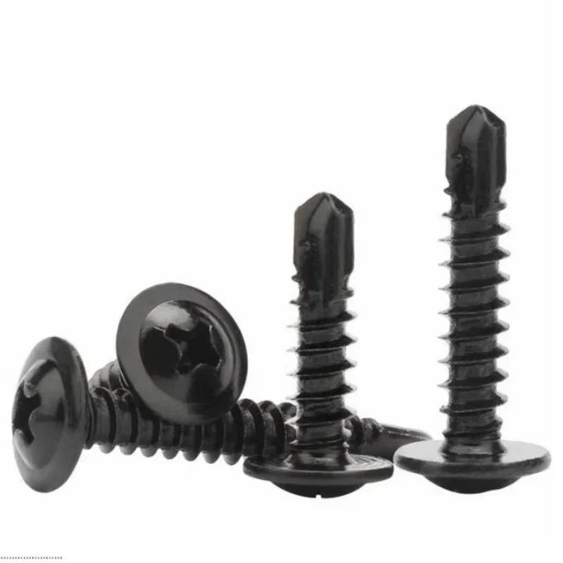 50/100pcs 410 Stainless Steel Black Cross Round Flat Head with Pad Drilling Tail Self Tapping Screw M4.2 M4.8